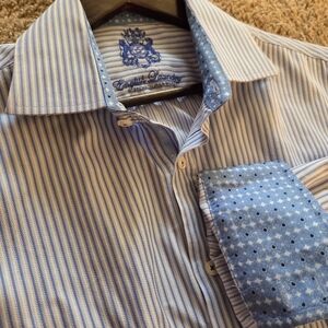English Laundry Blue Striped Flip Cuff Premium Dress Shirt Size 16.5 34/35 XL